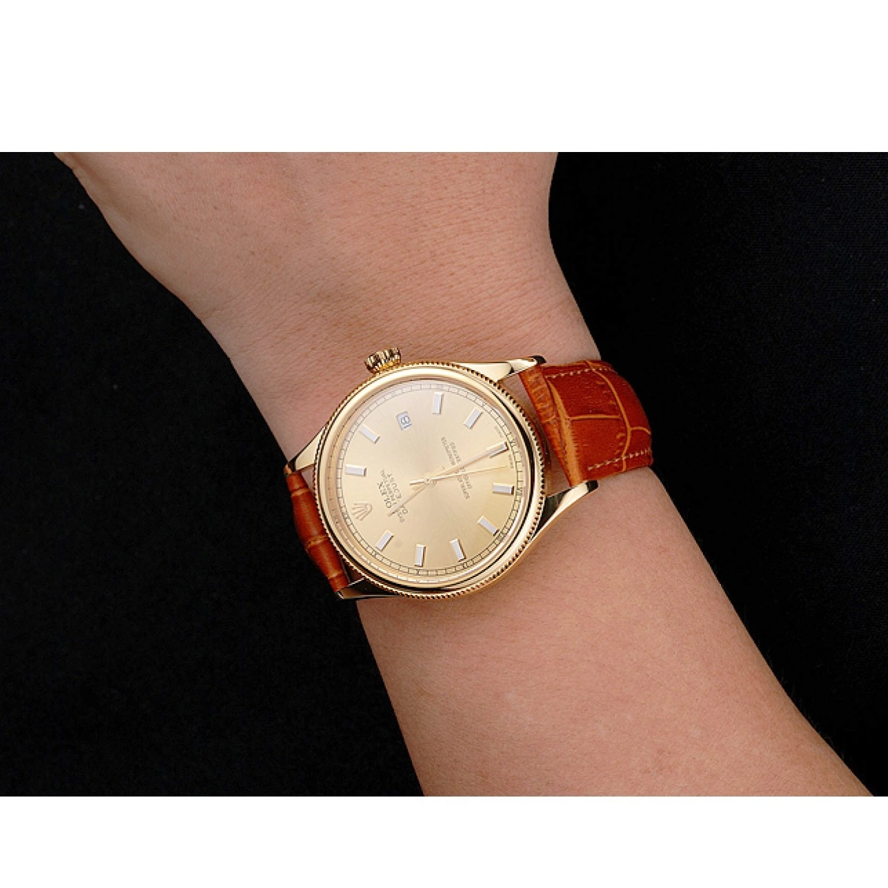 Aaa replica watch Gold Swiss Case Light Gold Leather Datejust Rolex Brown Dial Strap 0818